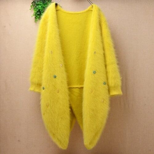 Ladies women fashion hairy mink cashmere knitted half sleeves beading loose split cardigan mantle angora fur jacket coat sweater