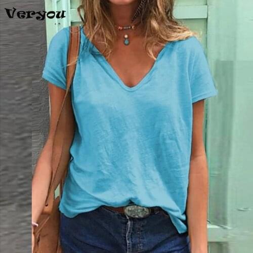 2021 Women T-Shirts And Tops Summer Short Sleeve Basic Shirts Solid V-Neck Casual Loose Style Tee Plus Size Tops
