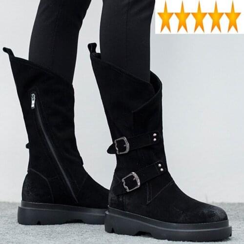 Calf Vintage Mid Women Winter Riding Female Buckle Cow Suede Leather Military Knight Boots Flats High Top Motorcycle Shoes