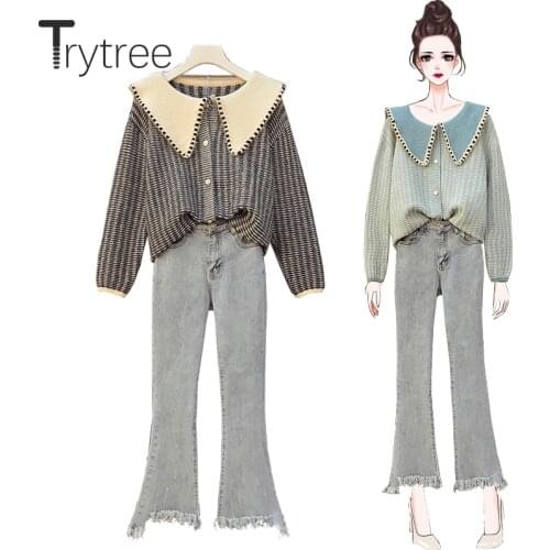 Trytree 2020 Autumn Winter Two Piece Women Set Casual Plaid Single Breasted Sweater + jeans Tassel Hem Office Lady 2 Piece Set