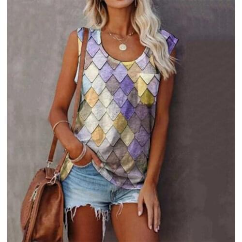 Fashion Tops For Women Summer Women Vest Rhombus Print Sleeveless Summer Loose Round Neck T-shirt for Dating футболка женский