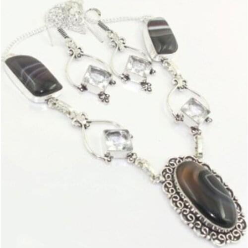 Botswana Agates & White Topas Necklace Earing Silver Overlay over Copper , 52 cm, N3024