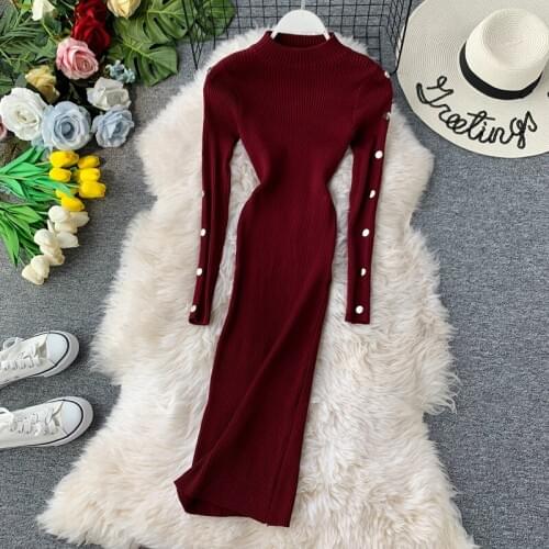 Vintage Button Slim Autumn Winter Bodycon Knit Sweater Midi Pencil Dress Party Women Casual Office Long Sleeve Retro Vestidos