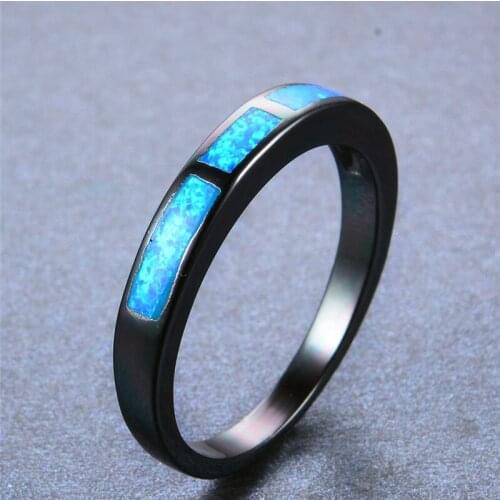 Cute Female Blue Fire Opal Stone Ring Vintage 14KT Black Gold Wedding Ring Promise Small Round Engagement Rings For Women