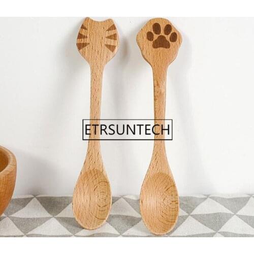 300pcs Japanese Style Cute Cat Claw Shape Wood Spoon Coffee Candy Tea Spoon Gifts For Kids Children