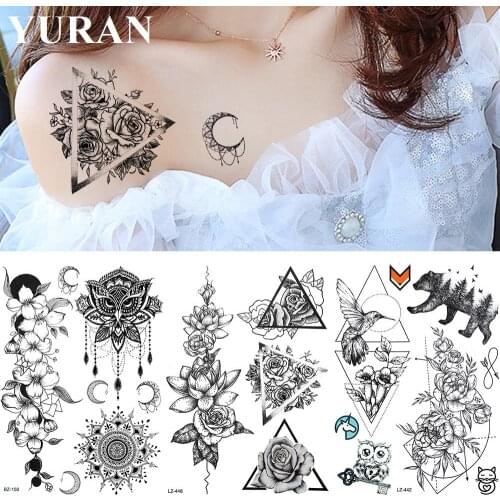 3D Sketch Triangle Flower Bracelet Floral Waterproof Tattoos Stickers Body Black Arm Chest Tattoo Temporary Women Girl Sexy Tato