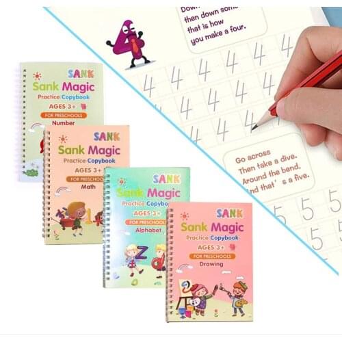 4 books +Pen 3D Reusable Childrens Drawing Books Baby Learning Painting Writing Copybook For Calligraphy Practice Book For Kids
