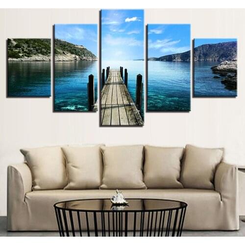 5 Pieces Blue Sky Sea Bridge Pictures Lake Poster Living Room Wall Art Canvas Prints Painting Home Decor