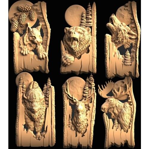 6pcs Forest animals 3d STL Model for CNC Router 3D Printer Wolf _ Bear _ Bison _ Deer 3d model relief STL format Artcam Aspire