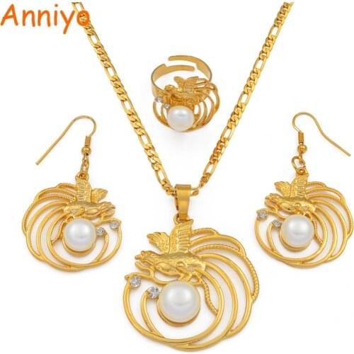 Anniyo White Pearl Bird Pendant Necklaces Earrings Ring Jewelry Sets Papua New Guinea Wedding Gifts PNG #144006WE