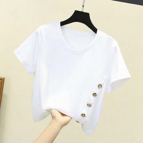 Asymmetrical Button Women White T-Shirts Summer New Design 2021 Solid O-Neck Short-Sleeved Casual Female Pulls Tops Tees