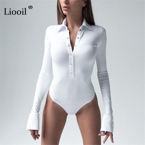 Liooil Black White Button Bodysuit Tops Sexy Tight Body Suit For Women Romper 2021 Long Sleeve Turndown Collar Bodycon Jumpsuit