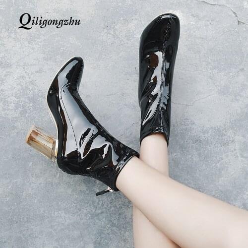 Ladies Ankle Boots Woman Transparent Heels Boots High Heel Zipper Botas Black Green Patent Leather Autumn Winter Shoes