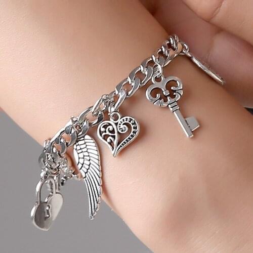 Friendship gift antique vintage silver color DIY elephant wing heart lock flower key pendant charm bracelet for men and women