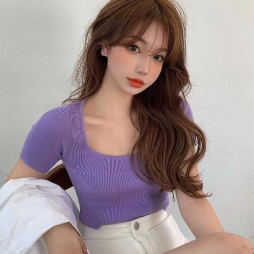 Korean Style T-shirt Fashion Women Square Collar Solid Short Sleeve Skinny Knitting T-shirt Short Style Tops