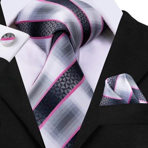 Hi-Tie Luxury Grey Pink Ties for Men Stripe Tie Gold Formal Necktie Twill Cravat Business Style Tie Set for Party Dropshipping