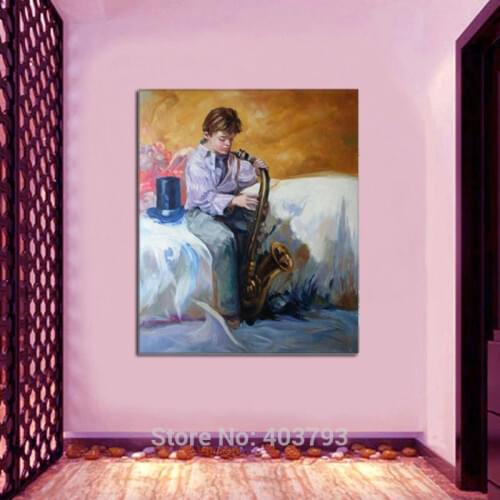 Good Quality Hand Painted Oil Painting On Canvas Boy Playing Saxophone 20x24inch Home Decoration