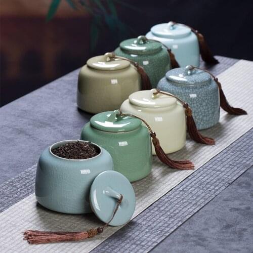 Ceramic Tea Storage Box Celadon Ice Pattern Large Airtight Jar for Tea Coffee Herb Candy Chocolate Sugar Spices