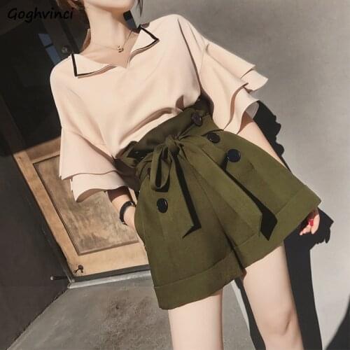 Sets Women Two Pieces Chiffon V-neck Flare Sleeve Lace-up Buttons High Waist Casual Elegant Office Ladies Stylish Simple Modern