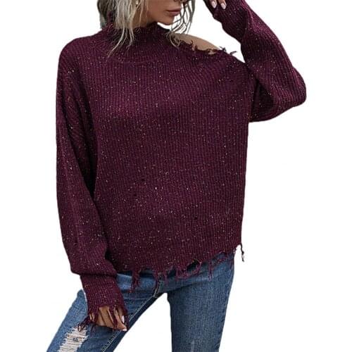 Fashion Casual High Collar Sweater Batwing Long Sleeve Knitwear Ripped Off Shoulder Knitting Jumpers forOffice Streetwear