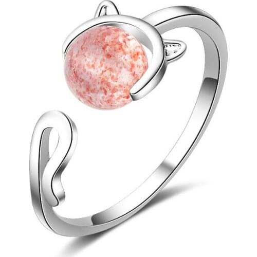 New Hot Strawberry Quartz Sweet Cat Rings For Women Jewelry Statement Party Engagement Wedding Rings SAR11