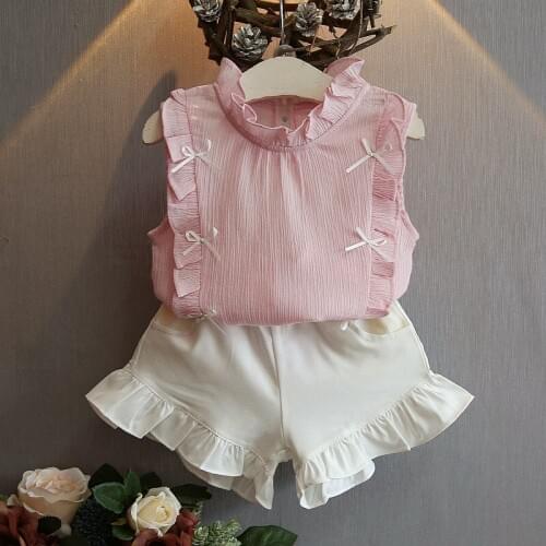 New summer clothes girls shirt flounced+shorts baby clothes girl sets vest bow infant girls suits white conjunto infantil menina