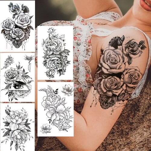 Lace Rose Flower Temporary Tattoos For Women Girls Fake Carnations Triangle Eye Tattoo Stisker Black Henna Jewelry Tatoos Big