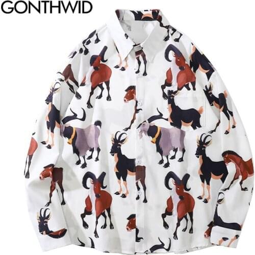 GONTHWID Long Sleeve Shirts Harajuku Horse Antelope Print Shirt Streetwear Fashion Men Hip Hop Casual Button Blouse Loose Tops