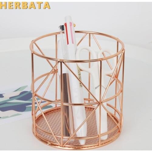 Rose gold pen holder Desktop round pen pencil organizer stationery container Makeup brush storage basket Office Accessories 2541