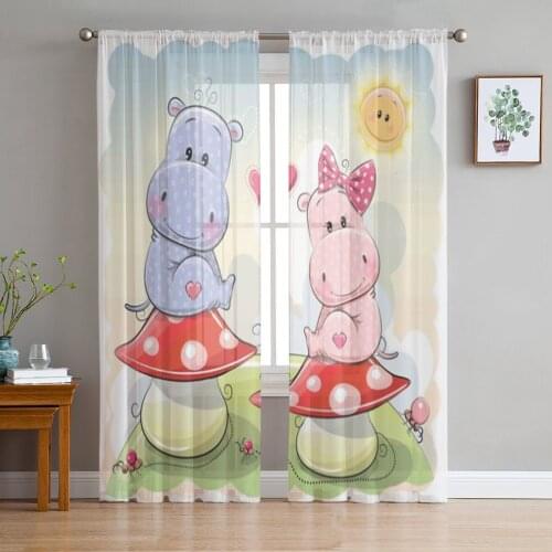 Cartoon Animal Hippo Mushroom Sheer Curtains for Living Room Child Bedroom Tulle Curtains Kitchen Window Treatments Panel Drapes