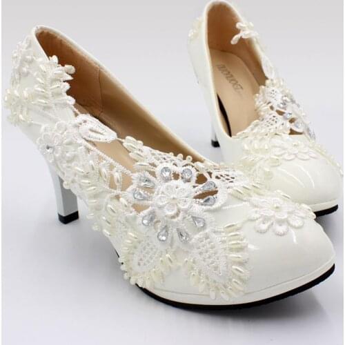 2019 newest design ivory lace pearls womens wedding shoes high 8CM heel platforms slip on elegant pearls bridal pumps shoe NQ191