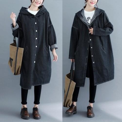 2021 Korean Spring Autumn Denim Trench Coats Retro Loose Large Size Jeans Windbreaker Womens Long Sleeve Hooded Overcoats