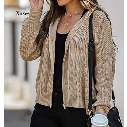 Winter Sweater Womens Hooded Zipper Cardigan Sweater Thick Knit Jacket Big Sweaters Knitted Hoodie Solid Elegant Autumn Coat