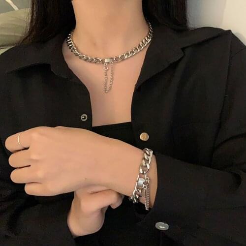 2021 Fashion New Simple Punk Cuban Necklace Collar Statement Silver Color Thick Chain Bracelet for Women Jewelry Set