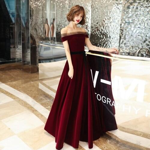 2020 New Evening Dress Wine Red Velvet Off the Shoulder Banquet Wedding Party Dress Sexy Backless Boat Neck Formal Dress
