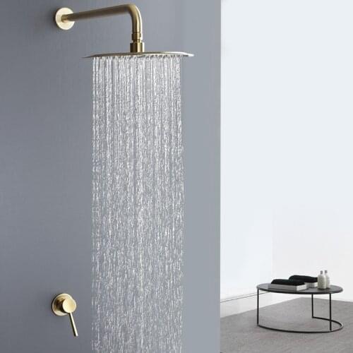 10 inch Round Bathroom Luxury Rain Mixer Shower Set Wall Mounted Rainfall Shower Head System Brushed Gold Finish