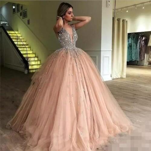 2020 Gorgeous Crystals Evening Dresses A Line Prom Dresses Sexy V Neck Sequined Long Tulle Pageant Party Gown Robe De Mariee