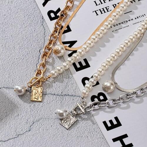 2021 New Fashion Vintage Multilayer Pearl Locking Necklaces Bohemian Gold Silver Color Pendants Jewelry Charm Gift For Banquet