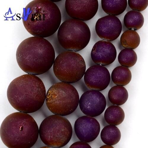 6 8 10 12mm Natural Stone Beads Purple Metallic Coated Druzy Agates Round Loose Spacer Beads For Jewelry Making DIY Bracelet 15"