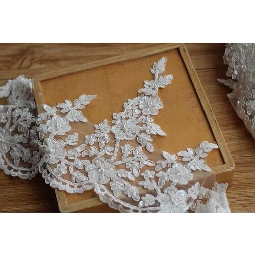 Ivory Alencon Lace Trim High Quality Hand Made Beaded Sequined Wedding Lace Trim Embroidered Retro Lace Bridal 8.27'' Wide 1yard