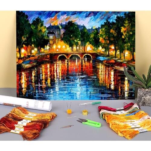 Amsterdam - Happiness Printed Canvas 11CT Cross Stitch Embroidery Complete Kit DMC Threads Needlework Craft Sewing Decor
