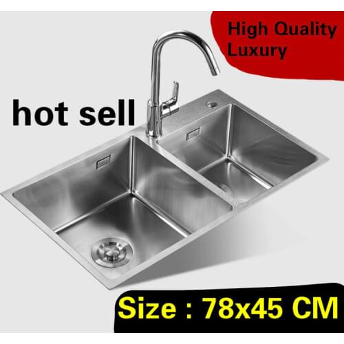 Free shipping Home luxury kitchen manual sink double groove high capacity wash vegetables 304 stainless steel 780x450 MM