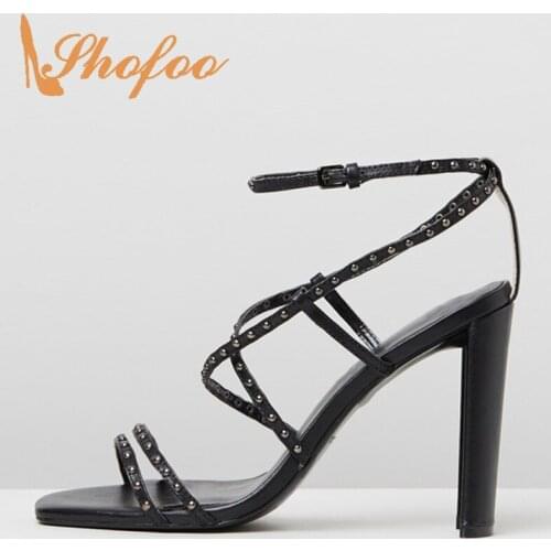 Black Nude Ankle Buckle Strap Rivets Sandals Woman High Chunky Heels Open Toe Large Size 11 16 For Ladies Shoes Party Fashion