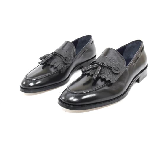 SHENBINS Handmade Black Tassel Loafers with Genuine Leather Soles, Full Leather Insoles, Mens Premium Casual Party Shoes
