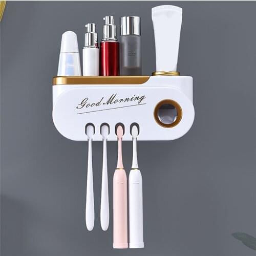 Bathroom Tooth Brush Holder Toothpaste Dispenser Squeezer Free Punching Wall Hanging Storage Shelf Cosmetic Boxes Organizer