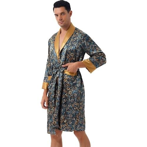Home Silk Robe Pajama Set Bathrobe 3/4 Sleeve Sleepwear for Men Kimono Soft Cozy Bath Gown Nightwear Loungewear Sleep Bathrobe
