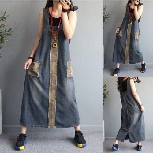 Suspenders Holes Jean Dresses Summer Ladies Camouflage Patchwork Baggy Bib Cowboy with Pocket Dresses Ripped A-Line Vestidos
