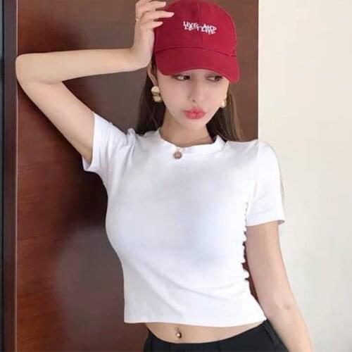 Half-High Neck Short Sleeve T-Shirt Women Bodycon Streetwear Cloth Casual Sport Cropped Tops Cotton Femme Summer Basic Clothes