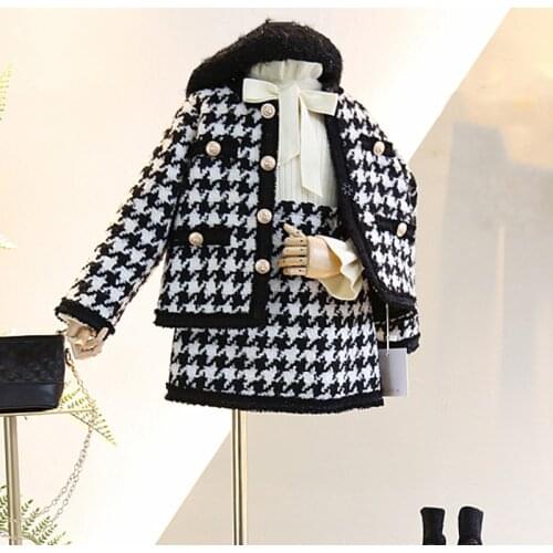 Girls Sets Autumn Retro Plaid Tweed Suits Short Sleeve Short Design Coat Midi Skirt Suit Sweet Outfit 2pcs Children Clothes