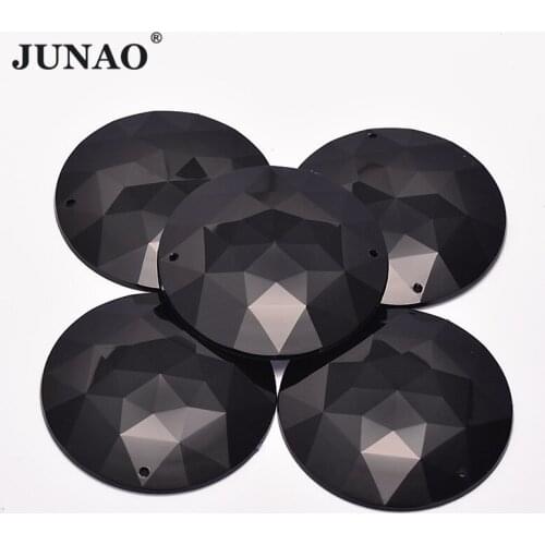 JUNAO 5pc 52mm Round Black Acrylic Rhinestones Crystal Flat Back Cabochon Decoration Sew On Diamond For Clothes Dress Craft